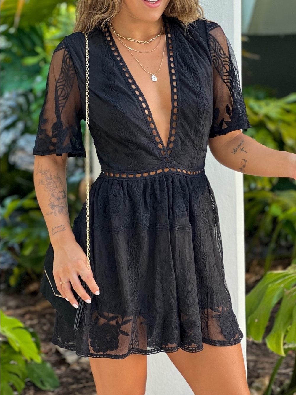 Honey Punch Black Lace Deep V Romper
